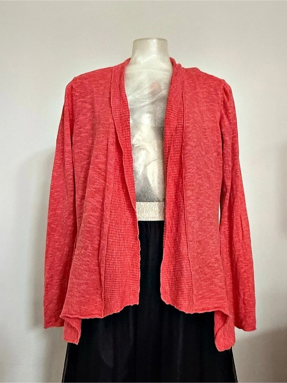 Eileen Fisher Linen Cotton Open Front Cardigan in Red Medium